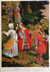 Scène bucolique : labour et village, chambrière et ménestrels