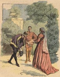 Bussy salue Jeanne, accompagnée de Saint Luc, dans le parc. Illustration du roman « La Dame de Monsoreau » d