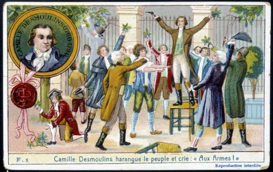 Camille Desmoulins harangue le peuple et crie « Aux armes ! » - chromo., fin du XIXe siècle