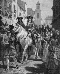 Guerre des Camisards (1702-1704) : un catholique tente de toucher le chef des Camisards, Jean Cavalier (1681-1740). Nîmes, Gard (30). Gravure du XIXe siècle. Dans « Histoire de France » de Jules Michelet