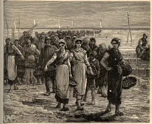 Cancale - Bretagne - Les Cancalaises au retour des bateaux de pêche - gravure dans « PATRIE - DESCRIPTION PITTORESQUE DE LA FRANCE EN 6 VOLUMES » par Lucien Huard - fin XIXe siècle