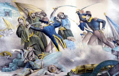 Capture de Constantine en Algérie en 1837 par le maréchal Valée. Lithographie en couleur du 19ème siècle.