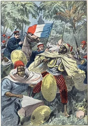 Capture de Samory Touré (vers 1830-1900), chef soudanais et opposant à la colonisation française en Afrique, par le capitaine Gouraud et le lieutenant Jacquin. Soudan