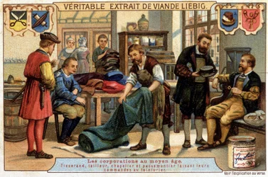 Métiers au Moyen Âge : tisserand, tailleur, chapelier et pâtissier commandant au nettoyeur à sec - Chromolithographie Liebig