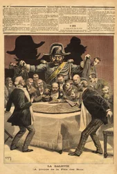 Caricature illustration « la galette », à propos de la fête des rois, où le banquier coupe le gâteau, tout le monde se précipite pour avoir une part et trouve à la place d