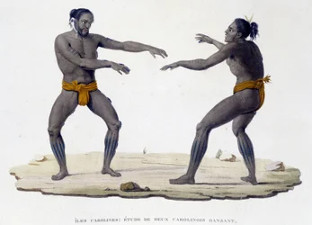 Hommes caroliniens dansant (îles Carolines, Océanie)