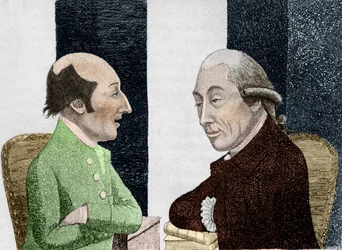 Caricature de James Hutton (1726 - 1797) à gauche et Joseph Black (1728 - 1799) à droite. Gravure du début du 19ème siècle