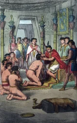 Cérémonie dans la capitale inca de Cuzco : Manco Capac perce les oreilles des princes du sang