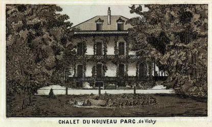 Chalet du nouveau parc de Vichy (Allier et région Auvergne). Chromolithographie de la fin du XIXe siècle