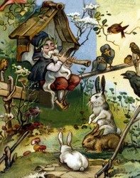 Personnage du nain ou farfadet joueur de flûte. Chromolithographie du 19ème siècle