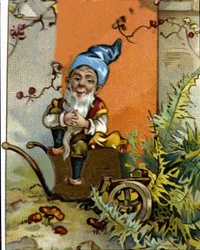 Personnage du nain ou farfadet assis. Chromolithographie du 19e siècle