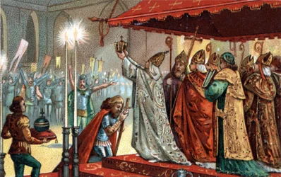 Charlemagne (742-814) couronné par le pape Léon III (vers 750-816) dans la basilique Saint-Pierre à Rome le 25 décembre 800 - Sacre (couronnement) de Charlemagne (742-814) en 800 par le pape Léon III