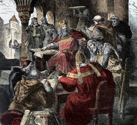 Charlemagne (742 - 814) sur son trône présidant l