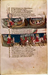 Charlemagne monte sur un navire et en bas guide ses armées pendant ses conquêtes (miniature)