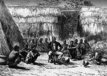 Le chef makoloko entourant sa cour en Afrique. Gravure dans « Le Journal de la Jeunesse ».