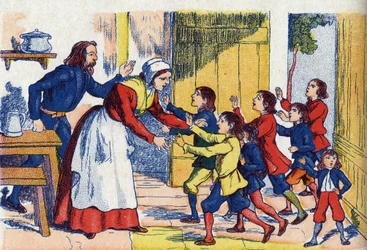 Retour des enfants, Illustration pour « Le Petit Poucet », conte de Charles Perrault (1628-1703), écrivain français. Illustration anonyme. Imagerie Marcel Vagne, Jarville Nancy, sans date (fin XIXe siècle)