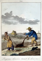 Paysanne chinoise tirant la charrue. Dans « Habits et coutumes des peuples », éd. Hocquart