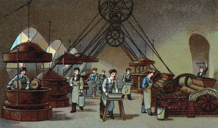 Fabrication de chocolat : atelier de broyage. Chromolithographie de la fin du XIXe siècle