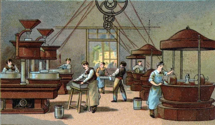 Fabrication de chocolat, salle de mélange. Chromolithographie de la fin du XIXe siècle