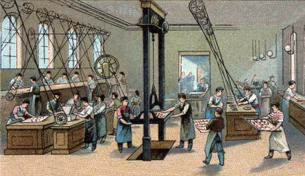 Fabrication du chocolat : moulage. Chromolithographie de la fin du 19e siècle.