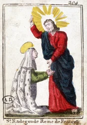 Christ et Sainte Radegonde (vers 520 - 587), reine de France, épouse de Clotaire Ier. Image pieuse. Gravure du début du 19e siècle. Bibliothèque des Arts décoratifs de Paris
