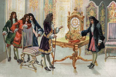 Christiaan Huygens (1629-1695), mathématicien et astronome néerlandais, présentant son horloge à Louis XIV
