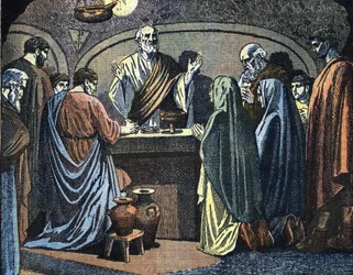 Chrétien dans les catacombes célébrant Pâques Illustration du Pelerin