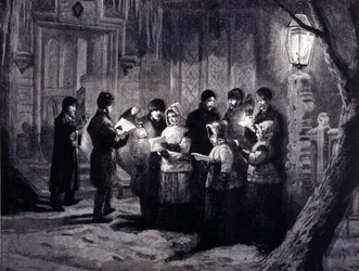 Nuit de Noël au Canada : lectures et prières. Gravure du XIXe siècle