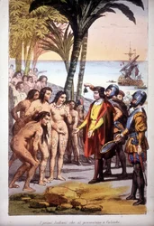 Le débarquement de Christophe Colomb à San Salvador (Bahamas) le 12/10/1492 : les premiers Indiens apparurent devant Colomb. Gravure, 1850.