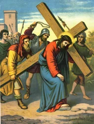 Chromolithographie de la fin du XIXe siècle représentant la vie du Christ : Jésus portant sa croix.