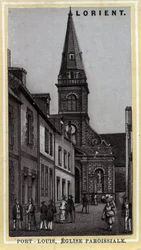 Église paroissiale de Port-Louis, Pays de Lorient, Morbihan, Bretagne. Chromolithographie de la fin du XIXe siècle