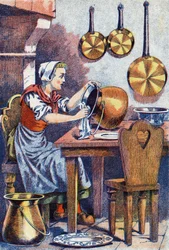 Cendrillon dans sa cuisine, Illustration pour « Cendrillon », conte de Charles Perrault (1628-1703), écrivain français. Illustration anonyme.
