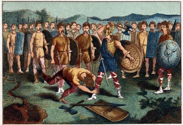 Clovis (465-511) et le guerrier franc qui brisa le vase de Soissons en 486 - Clovis Ier abat le soldat qui avait brisé le vase de Soissons en 486. Chromolithographie du XIXe siècle.
