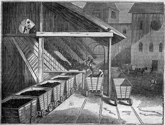 Mine de charbon : le charbon, extrait de la mine, est chargé à bord de chariots vers les fonderies, les trains et les navires. Dans « Le magasin pittoresque » 1835
