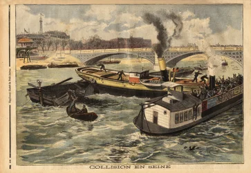 Collision sur la Seine entre un bateau à vapeur anglais et une péniche omnibus de Paris, à la hauteur du pont royal. Gravure dans « Le petit journal » 7/02/1897. Collection Selva