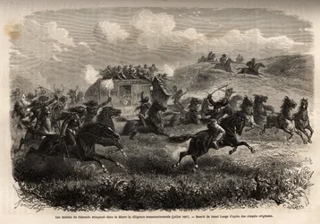 Attaque des Indiens du Colorado sur une diligence transcontinentale dans le désert en juillet 1867. Gravure pour illustrer le voyage au Far West américain, par M. L. Simonin, en 1867, publiée dans « Le tour du monde, nouveau journal des voyages », édité pa