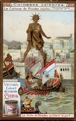 Colosse célèbre : le colosse de Rhodes (Apollon, Hélios) (hauteur 32 mètres), le sculpteur Charès de Lindos (IVe siècle av. J.-C.) ; la flotte de Rhodes quittant le port (Grèce) - chromolithographie Liebig