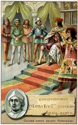 Christophe Colomb (les mains liées) amené devant Ferdinand - Chromolithographie du 19e siècle