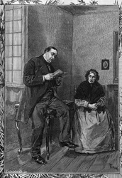 Le comédien Moessard lit à sa femme. Gravure dans le journal illustré « La jeunesse »