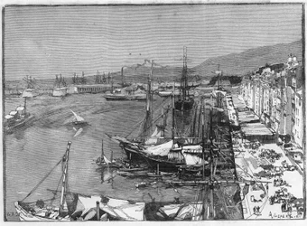 Navire commercial et arsenal dans le port de Toulon (Var), France. Gravure dans "Le Monde Illustré"