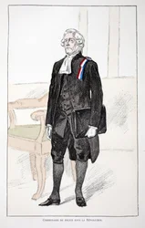 Commissaire de police pendant la Révolution (1789-1799). Eau-forte en couleurs, pour illustration Histoire du corps des gardiens de la paix, livre publié sous les auspices de Louis Lépine (1846-1933) préfet de police de la Seine, par Alfred Rey (1864-?)