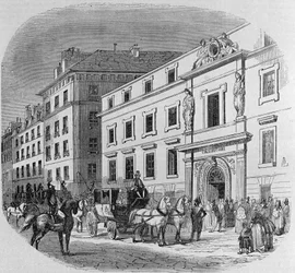 Conservatoire de musique de la rue du Faubourg Poissonnière à Paris : entrée de concert. Gravure de 1860