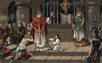 Conversion de Widukind ou Witikind devant Charlemagne en 785. Chromolithographie de la fin du XIXe siècle.