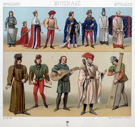Costumes et musiciens au Moyen Âge du XIIIe au XVe siècle. Dans « Le costume historique » par A. Racquet