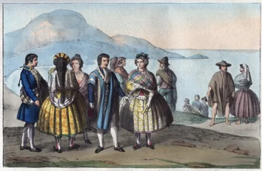 Costumes des habitants de Concepción, Chili - gravure tirée de «Usi e Costumi di Tutti i Popoli dell