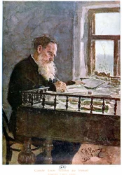 Le comte Tolstoï écrivant - aquarelle d