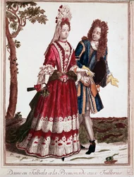 Couple marchant dans le jardin des Tuileries, Paris (gravure)