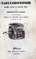 Couverture du premier livret de Nabucco par Giuseppe Verdi (1813 - 1901), initialement nommé Nabucodonosor