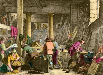 Métiers : « Atelier du Sieur Jadot menuisier » Ouvriers au travail au XVIIIe siècle. Gravure du XIXe siècle. Collection privée