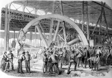 Grève du Creusot. Une conciliation des ouvriers dans les ateliers, au moment de la paie. XIXe siècle
